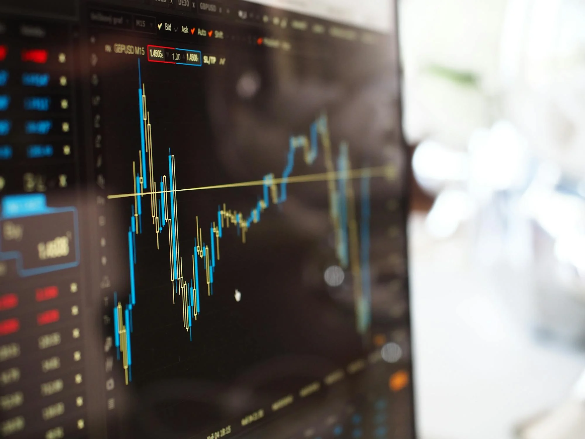 close up of a computer monitor with trading data on screen